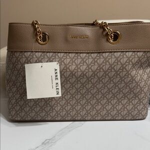 Anne Klein Tan and Brown Shoulder Bag with Gold Accents